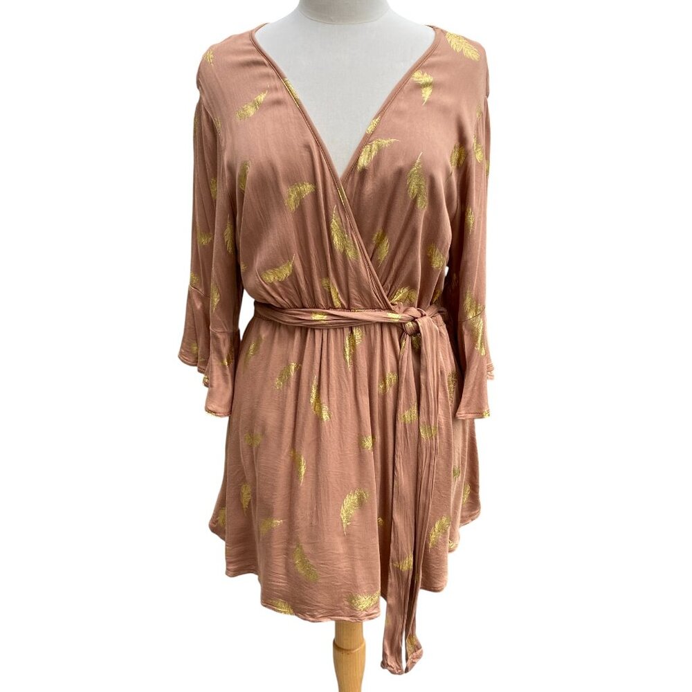 Torrid Gold Metallic Feather Foil Surplice Wrap Tunic Bell Sleeve Indie Boho-2X